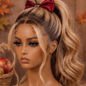 Maniquin with a blonde wig in a pony tail with red bow